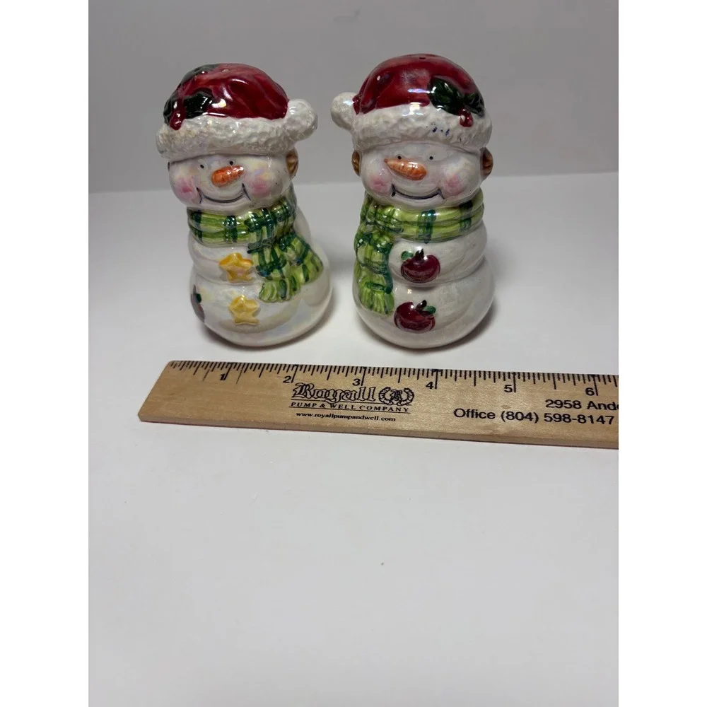 Snowman Salt and Pepper Shaker Set Iridescent Christmas Holiday Decor Ceramic